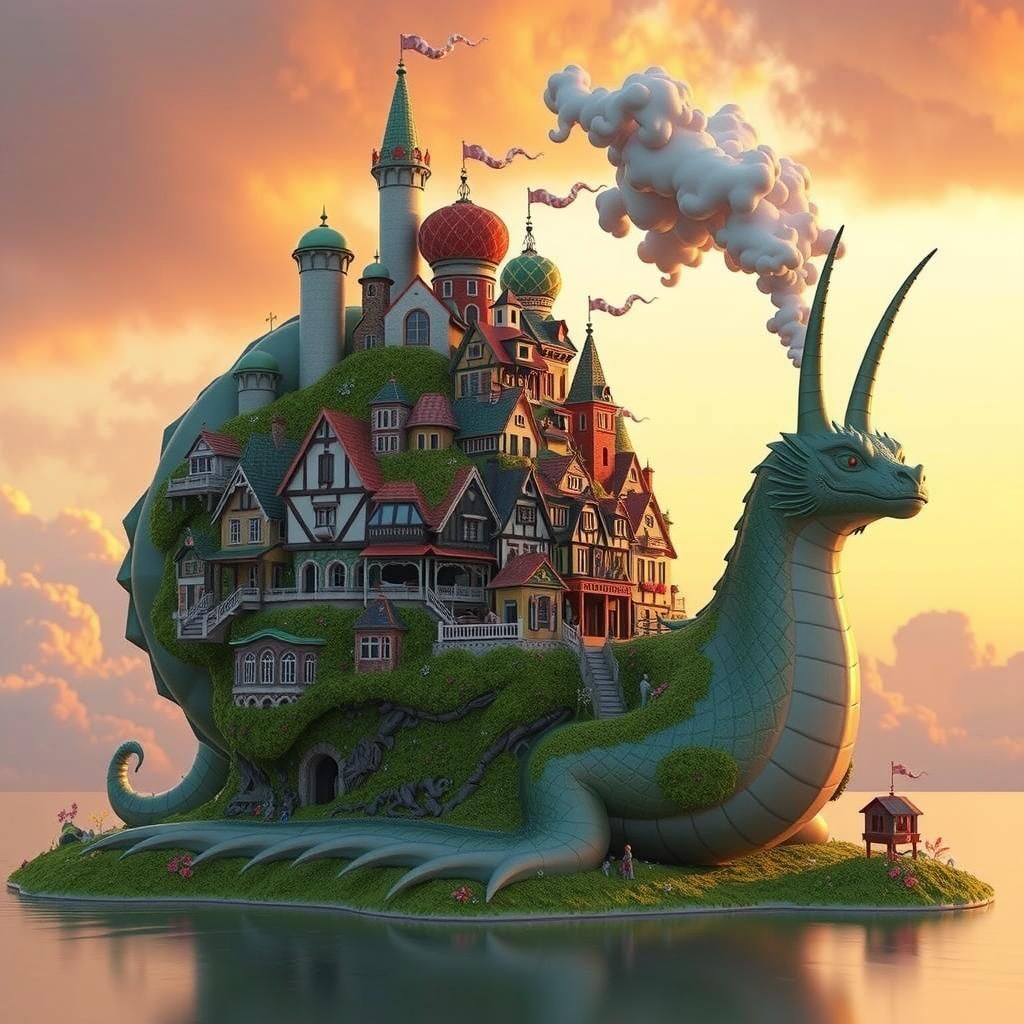 Glass Dragon Carries Village, 3D Rendered Art