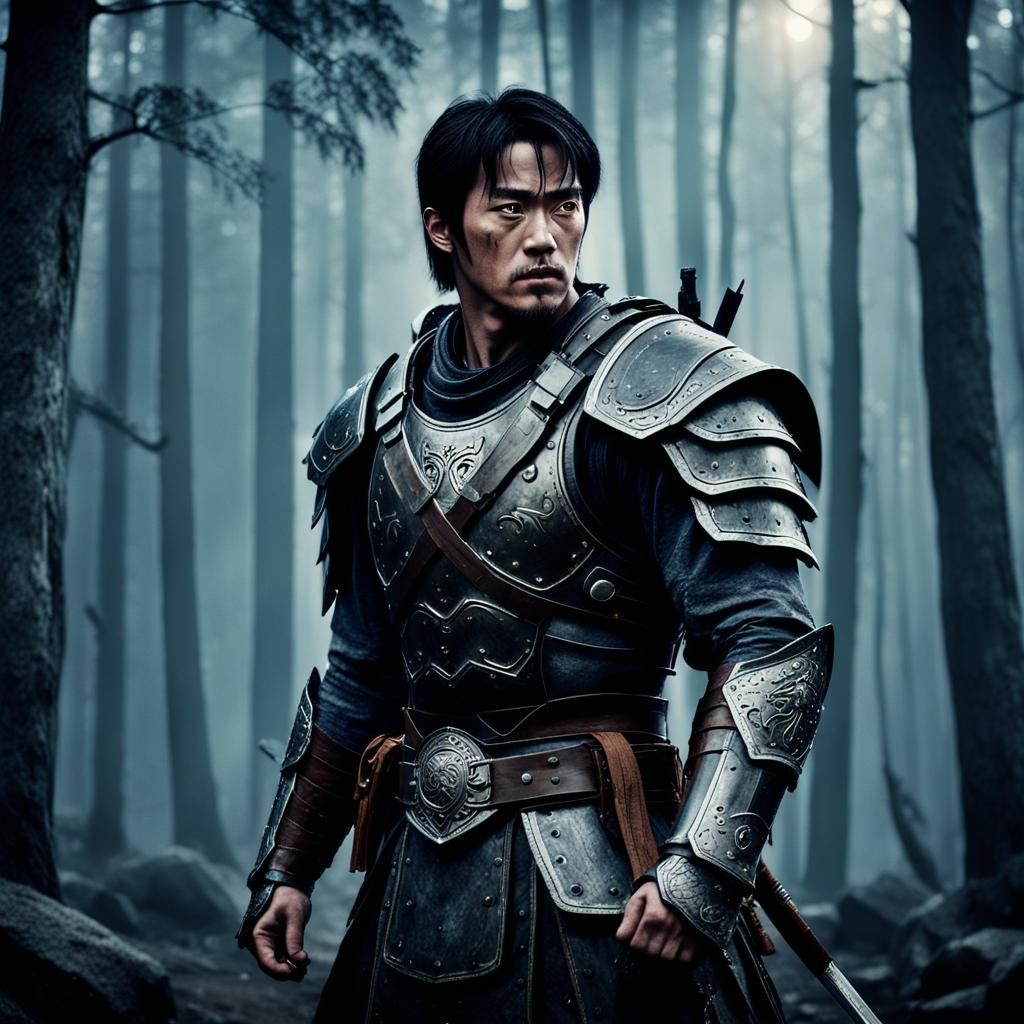 Brooding Warrior in Misty Forest, Cinematic Film Still