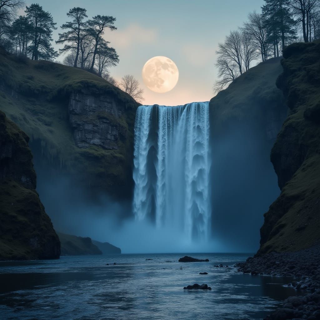Luminous Waterfall Illuminated by Morning Moonlight