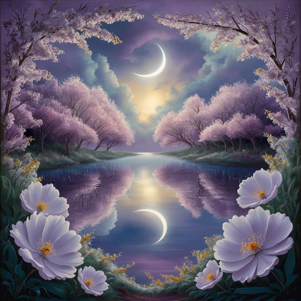 Blossom Trees Frame Tranquil Water Landscape