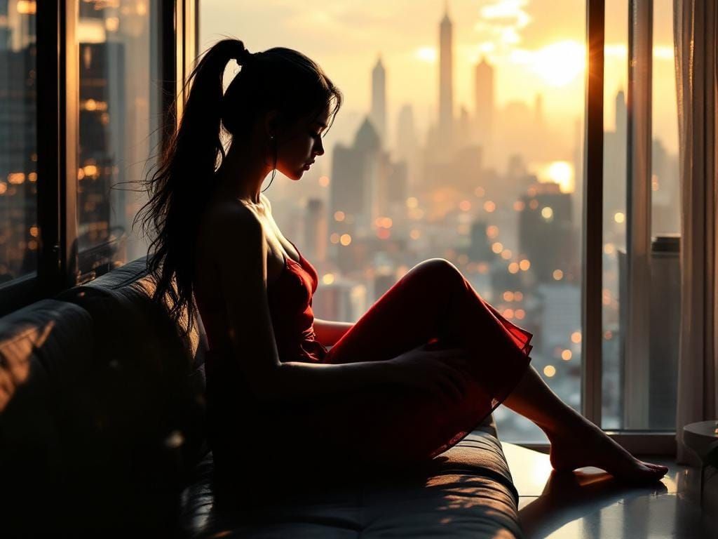 Woman in Cracked Glass Room, in Futuristic Style