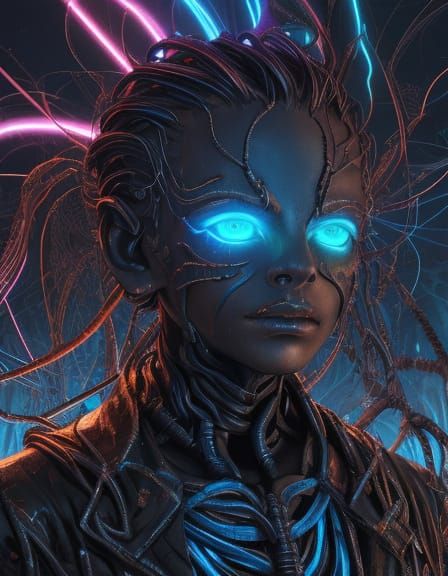 Surreal Boy Made of Wires with Glowing Eyes