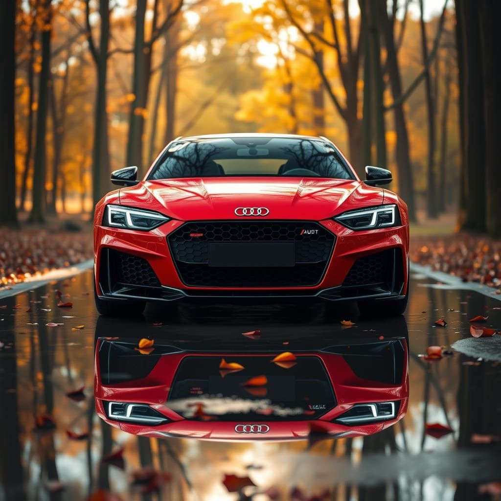 Red Audi Sports Car in Autumn Forest Reflection