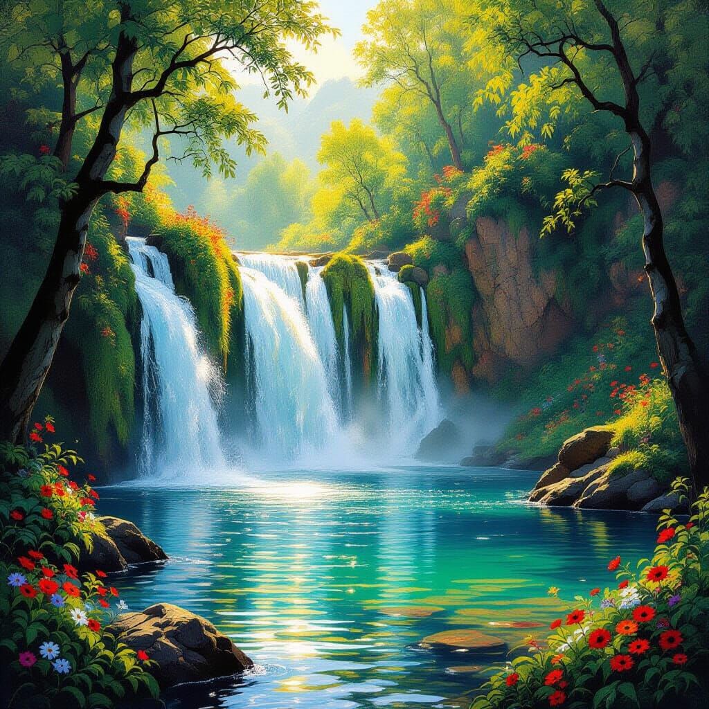 Lush Waterfall Scene in Impressionistic Style