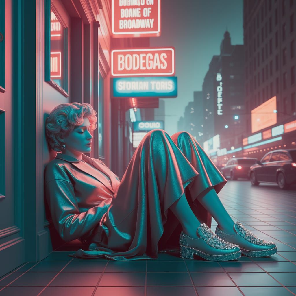 Neon Lit Broadway Scene with Diamond Shoes