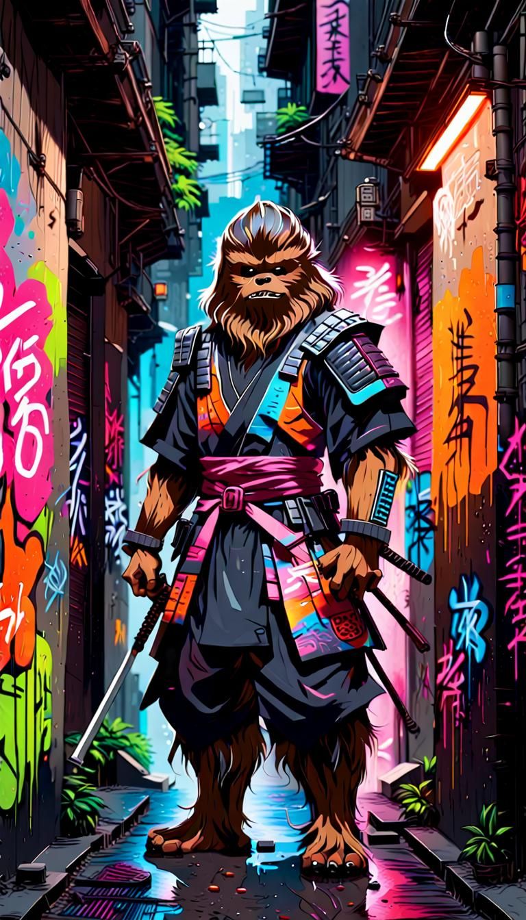 Samurai Wookiee in Neon City Alley, Anime Splash Art