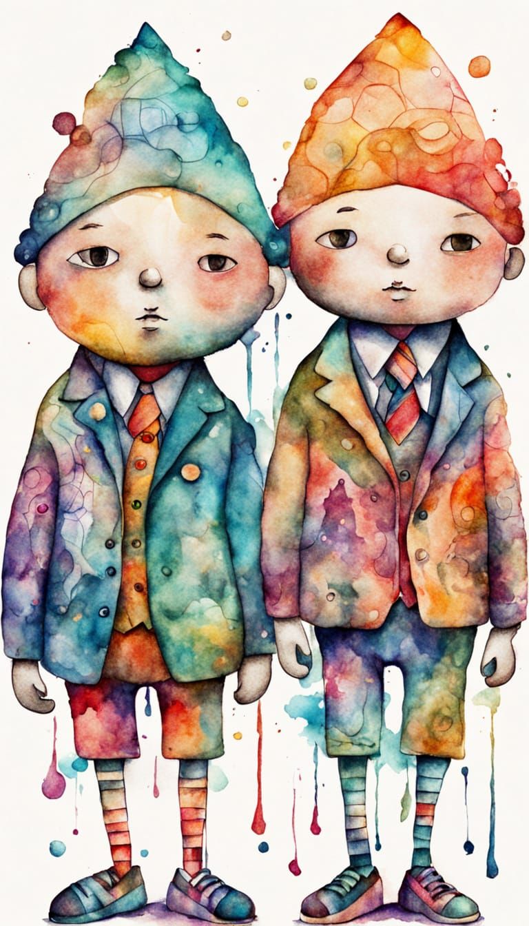 Whimsical Ink Dolls with Vibrant Watercolor Splashes