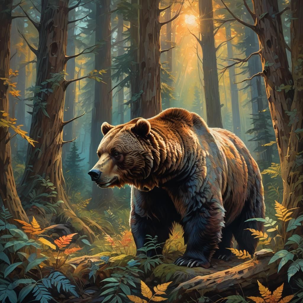 Grizzly Bear in Enchanted Forest, Vibrant Oil Painting