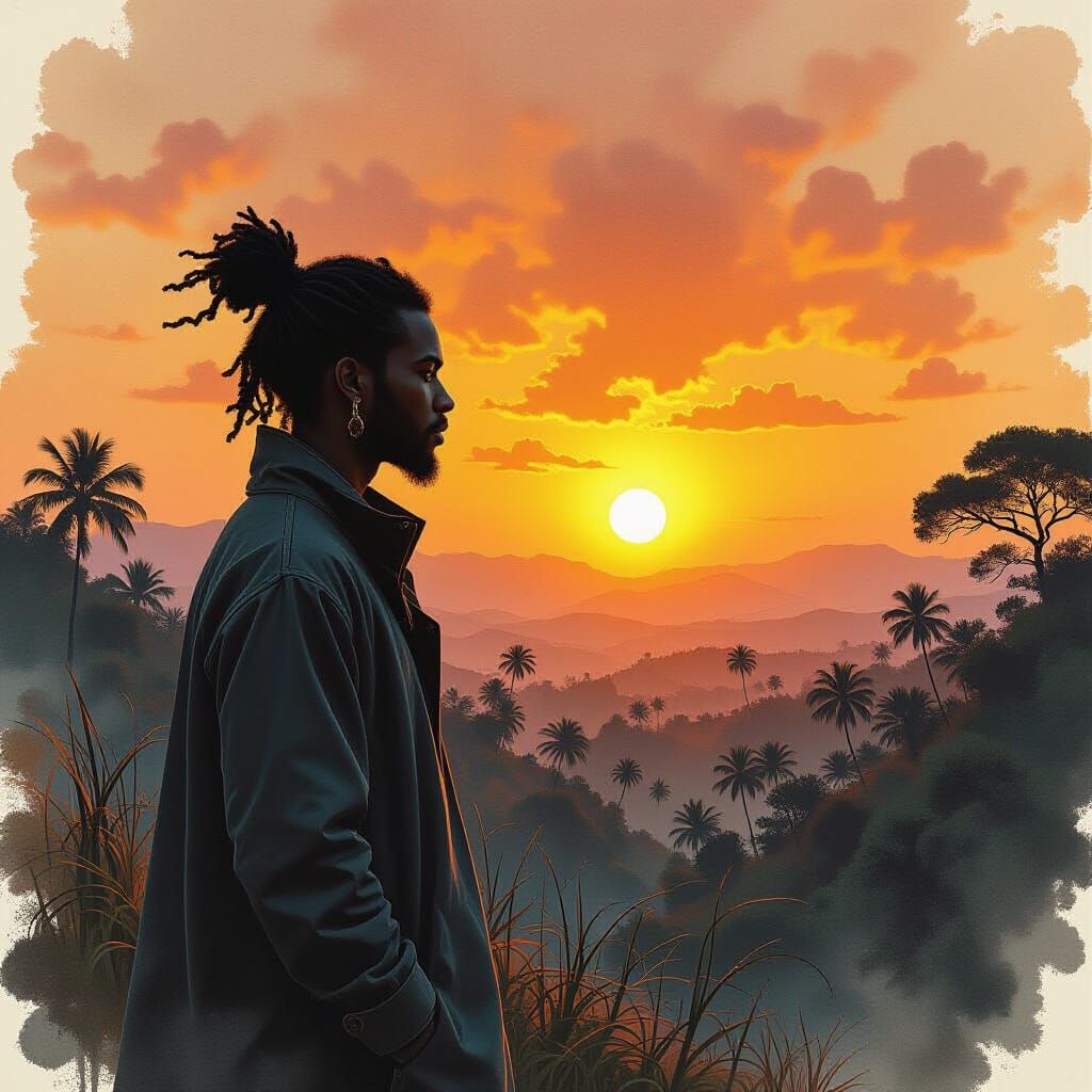 Intricate African Sunrise with Ambient Light and Ink Splatte...