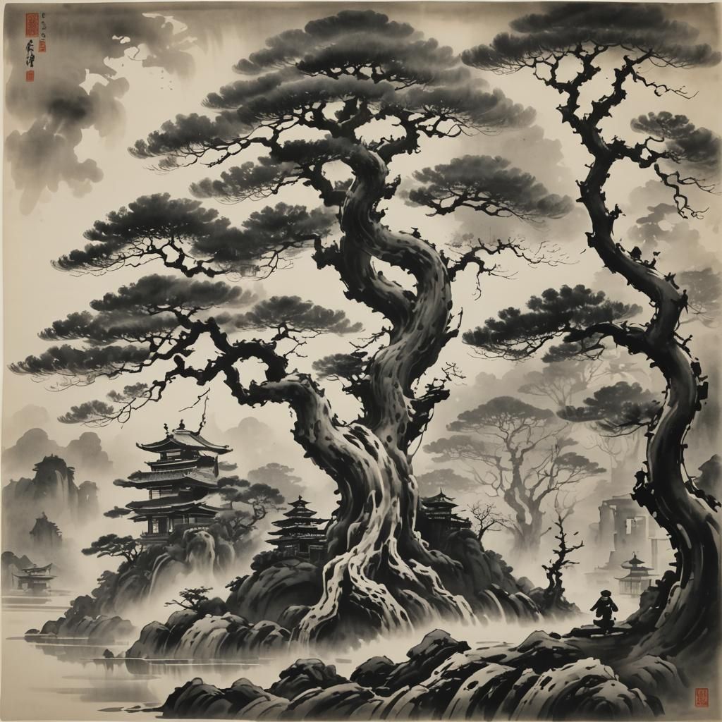Surreal Bonsai Tree in Sumi-e Ink Wash