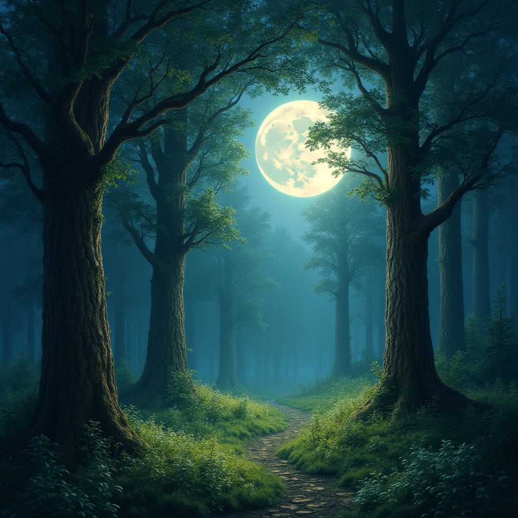 Enchanted Ethereal Forest Under Full Moon