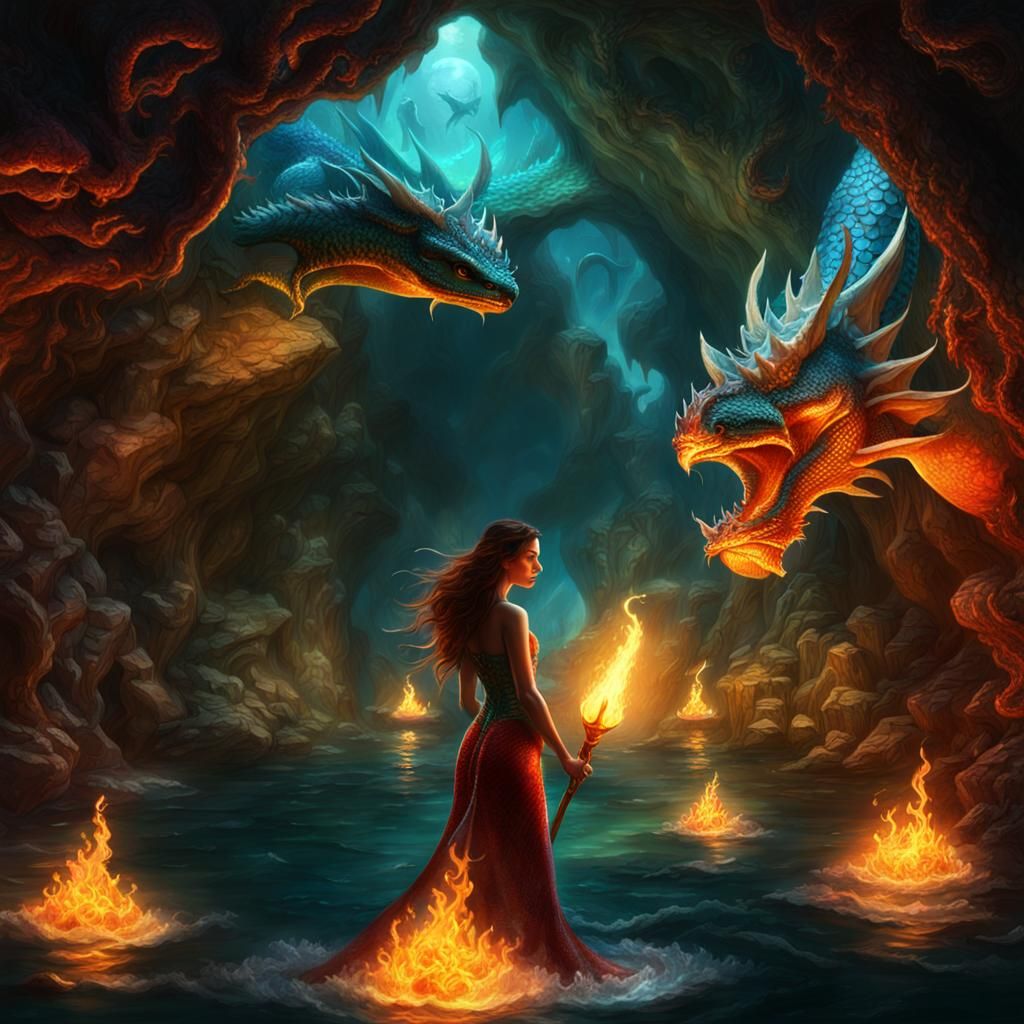 Mermaid and Dragon in Firelit Underwater Cave