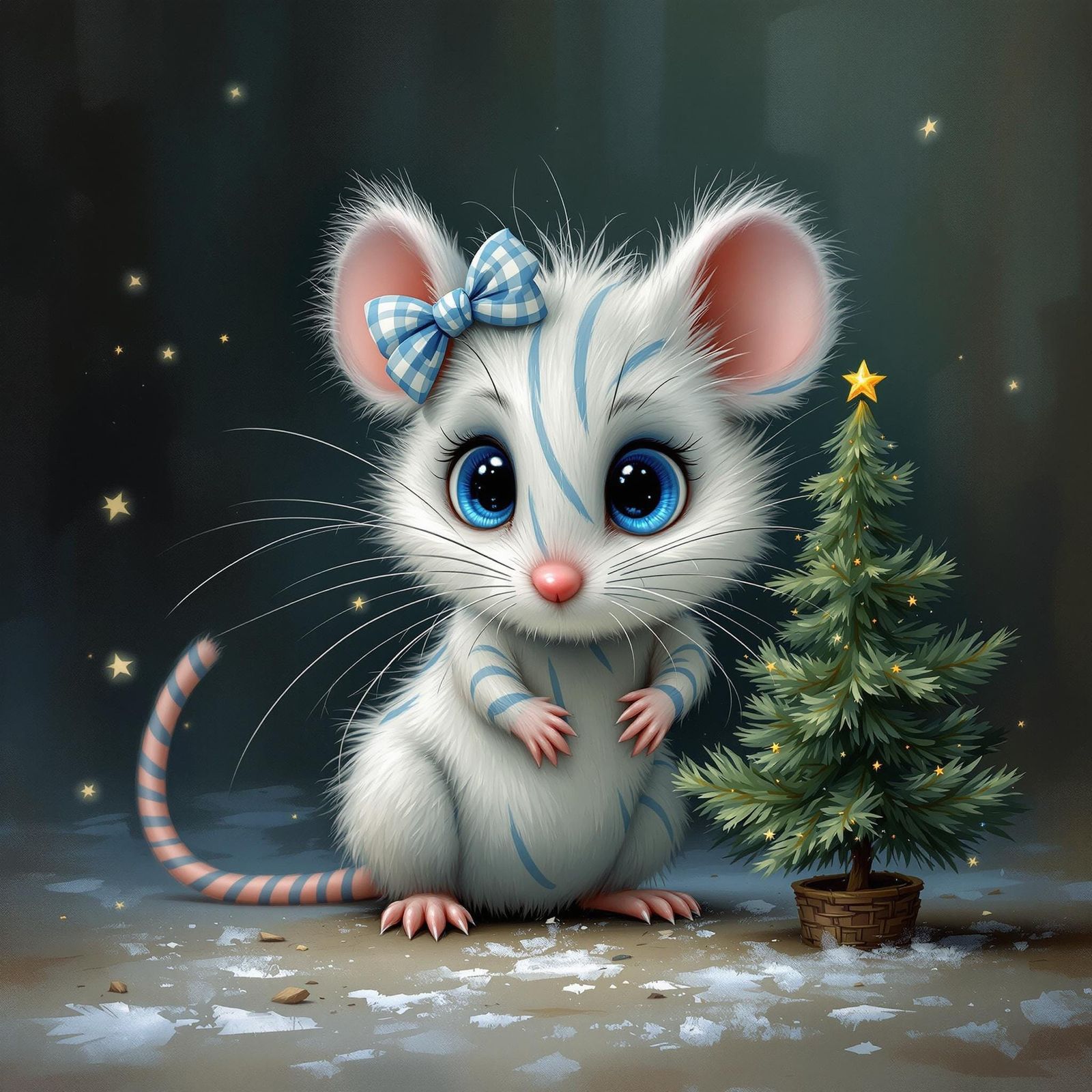Whimsical Christmas Mouse Peers Over Tiny Tree