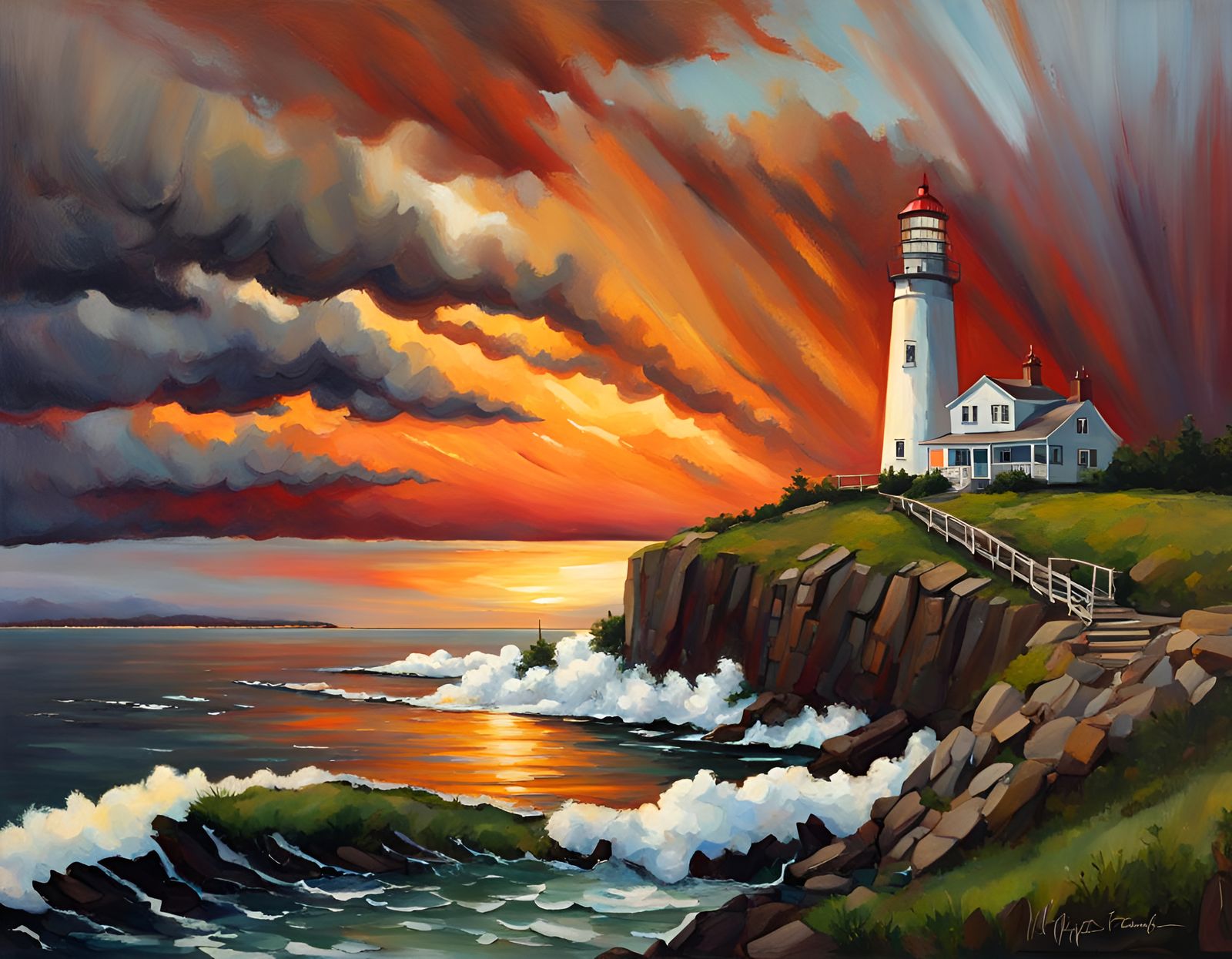 Dramatic Sunset Over Bay with Lighthouse