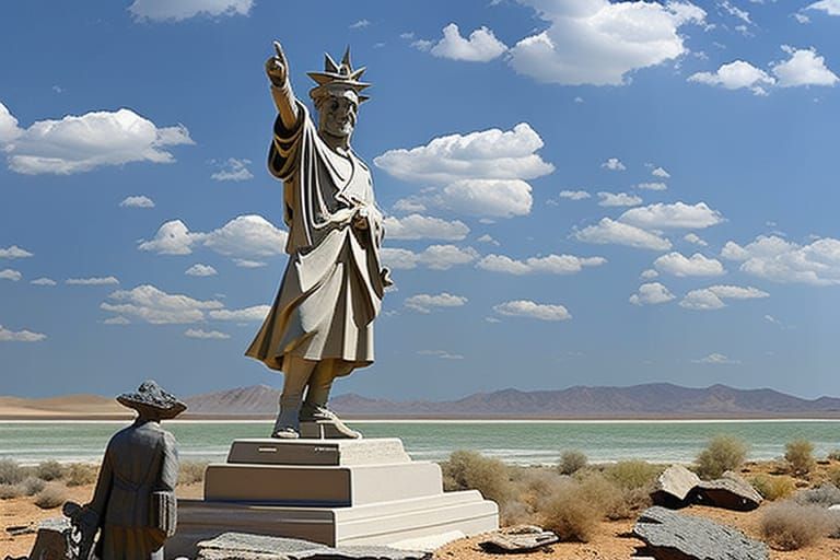 Statue Wasting into Dust in Desert Landscape
