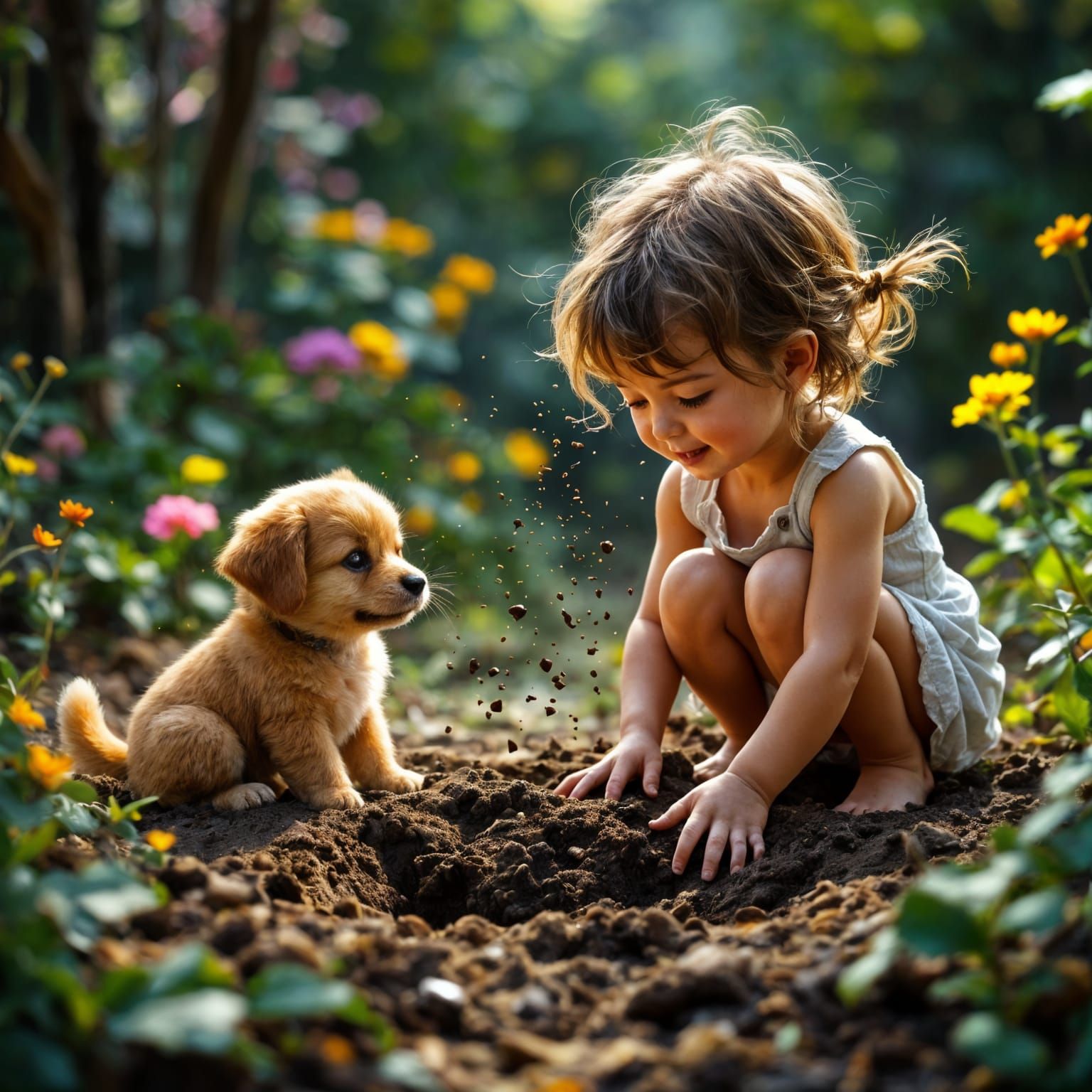 Toddler and Puppy Digging in a Vibrant Garden