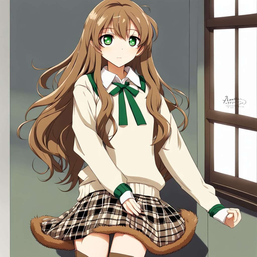 Anime Girl in Tan Sweater and Plaid Skirt