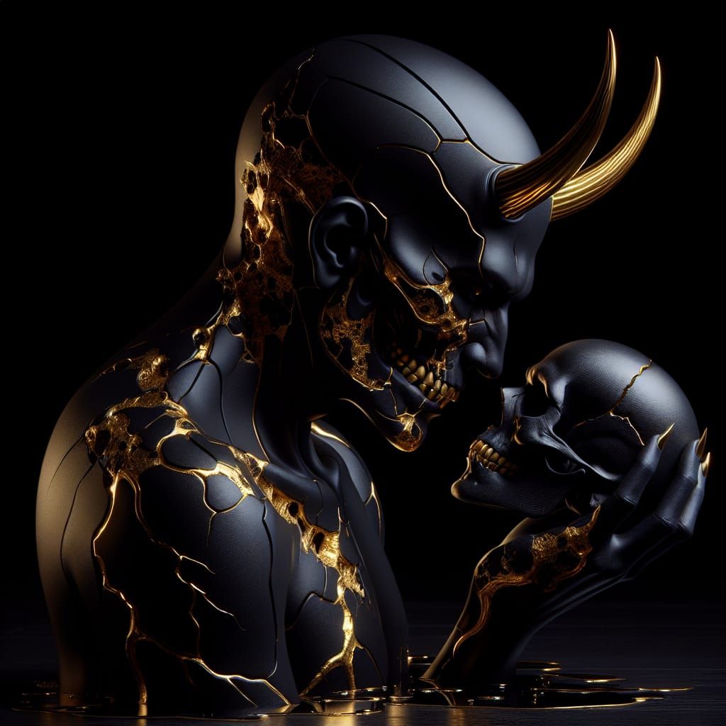 Elegant Dark Demon with Vantablack Kintsugi Cracks