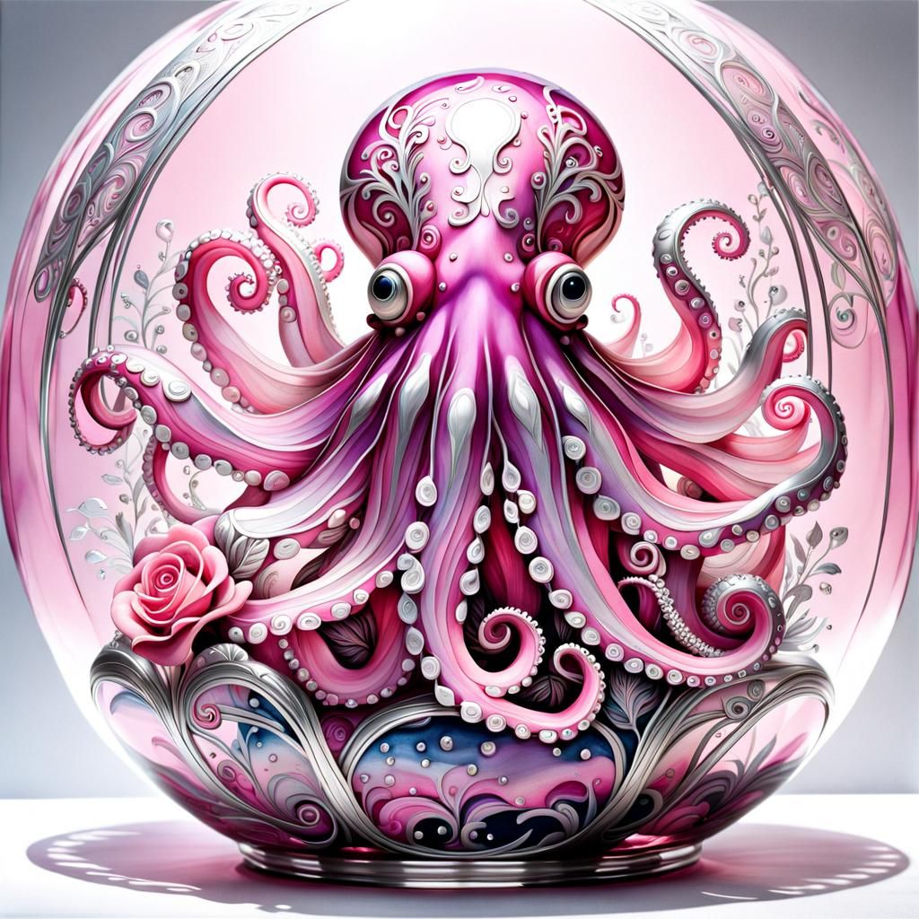 Elaborate Glass Octopus Sculpture with Roses