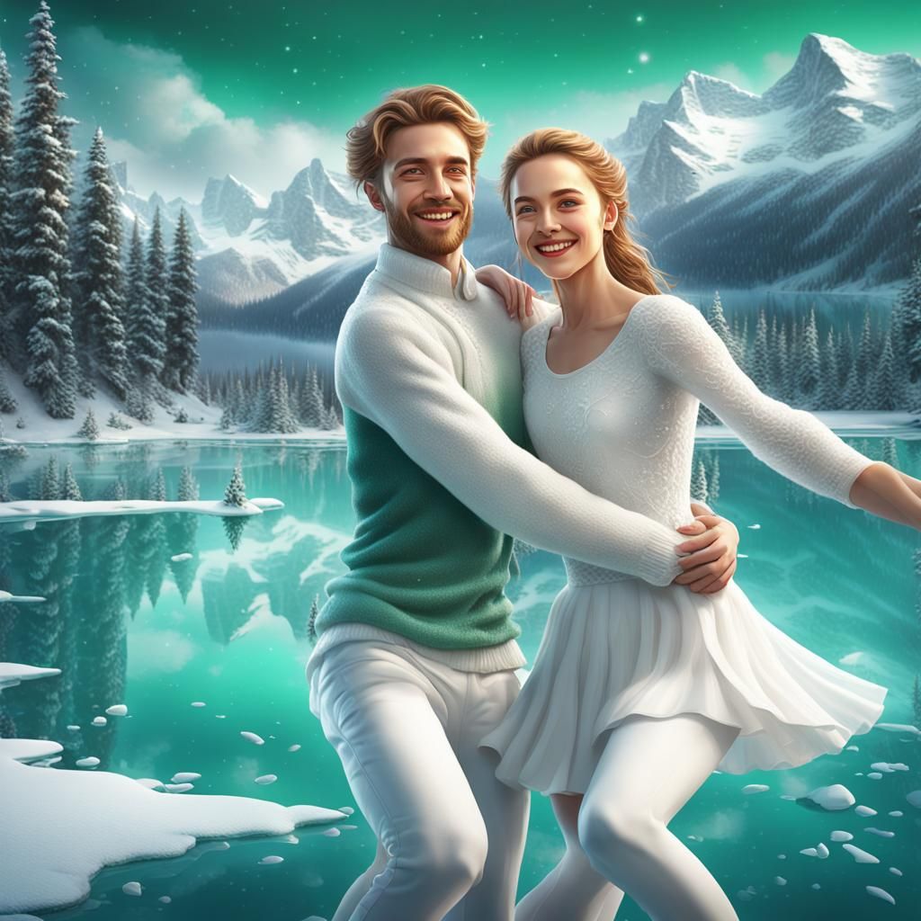 Happy Couple Skating on Emerald Lake: 8K Portrait