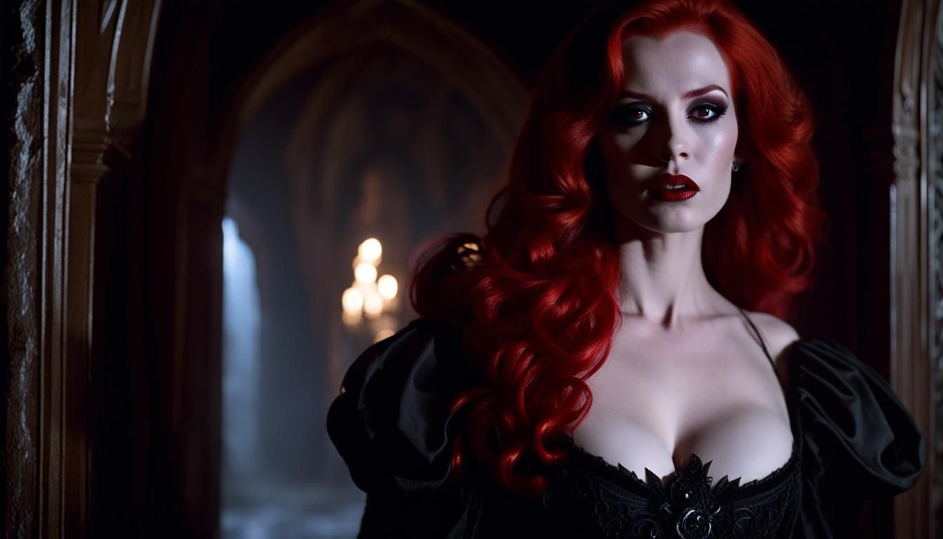 Gothic Redhead Vampire in Dark Castle Hallway