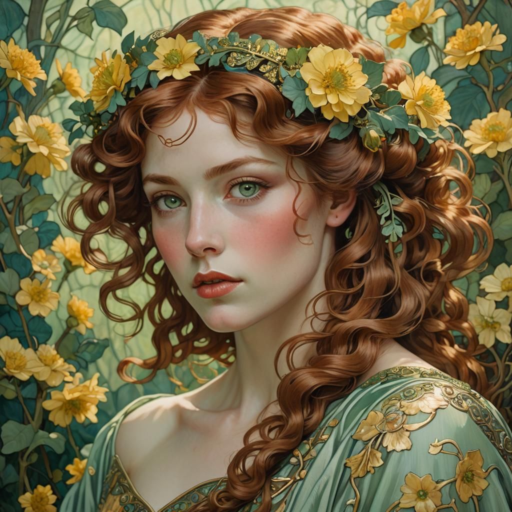 Art Nouveau Portrait of Woman with Flowers