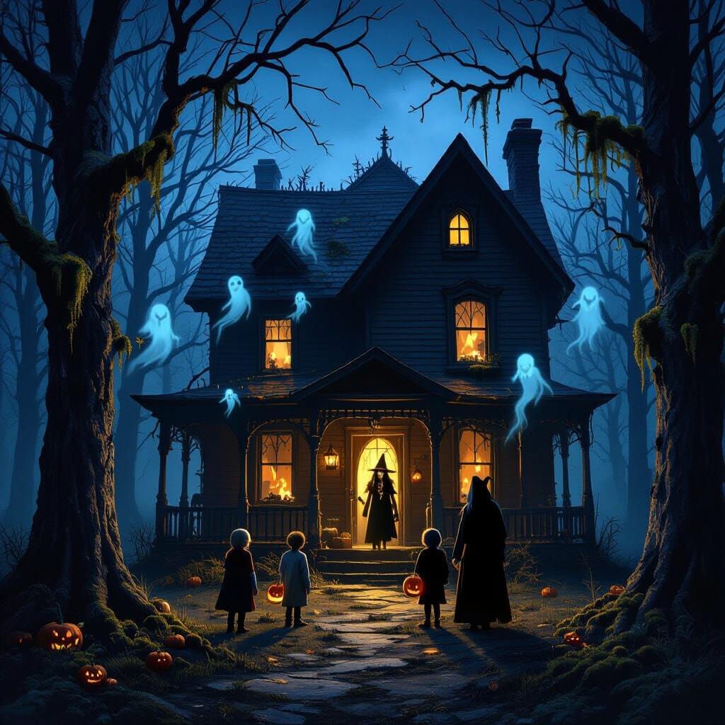Creepy Haunted House with Spirits and Witch at Night