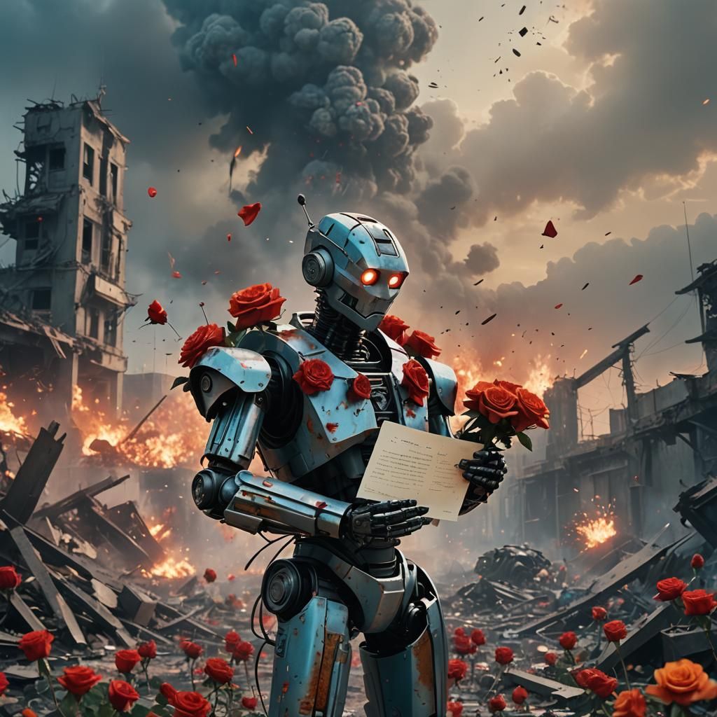 Robot in War Holding Roses, Cinematic Still