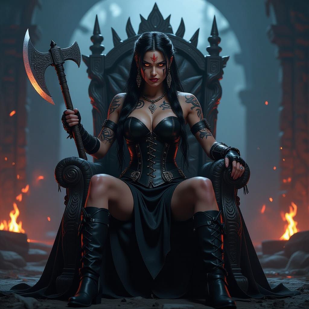 Fierce Warrior Queen on Throne with Battle Axe