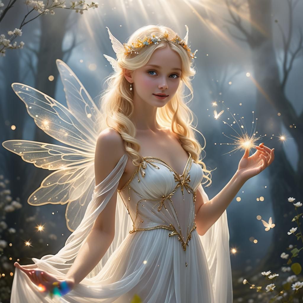 Ethereal Fairy Goddess in Sparkling White Gown
