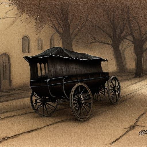 Gothic Covered Wagon on Dark Cobblestone Road