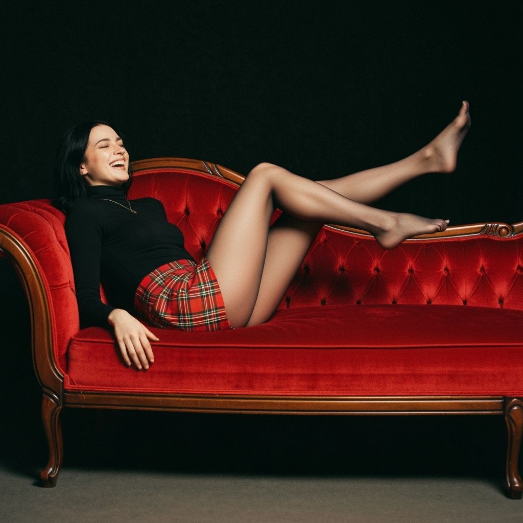 Woman in Plaid Skirt on Velvet Chaise Lounge