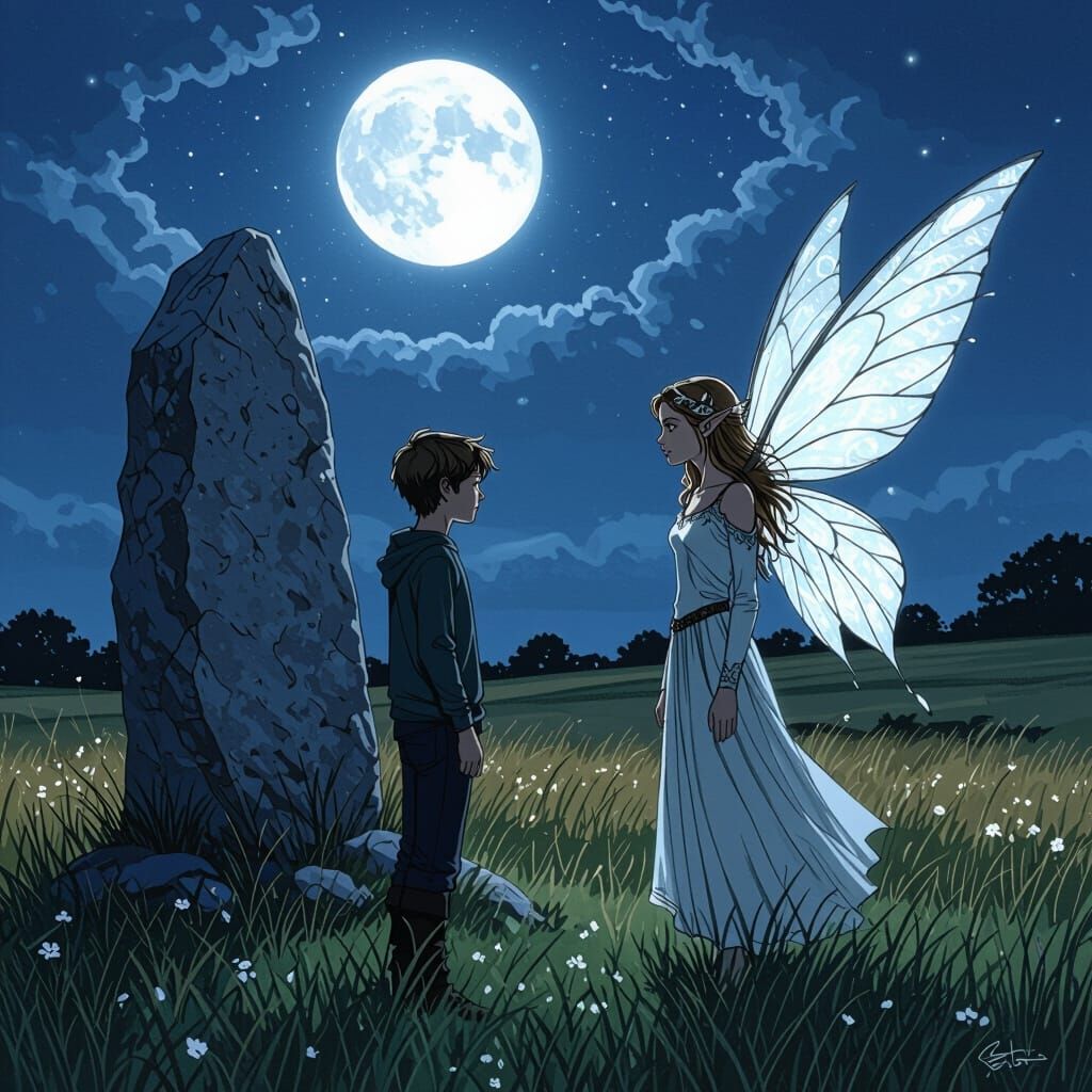 Teen Boy Meets Winged Faerie by Celtic Stone Under Moonlight