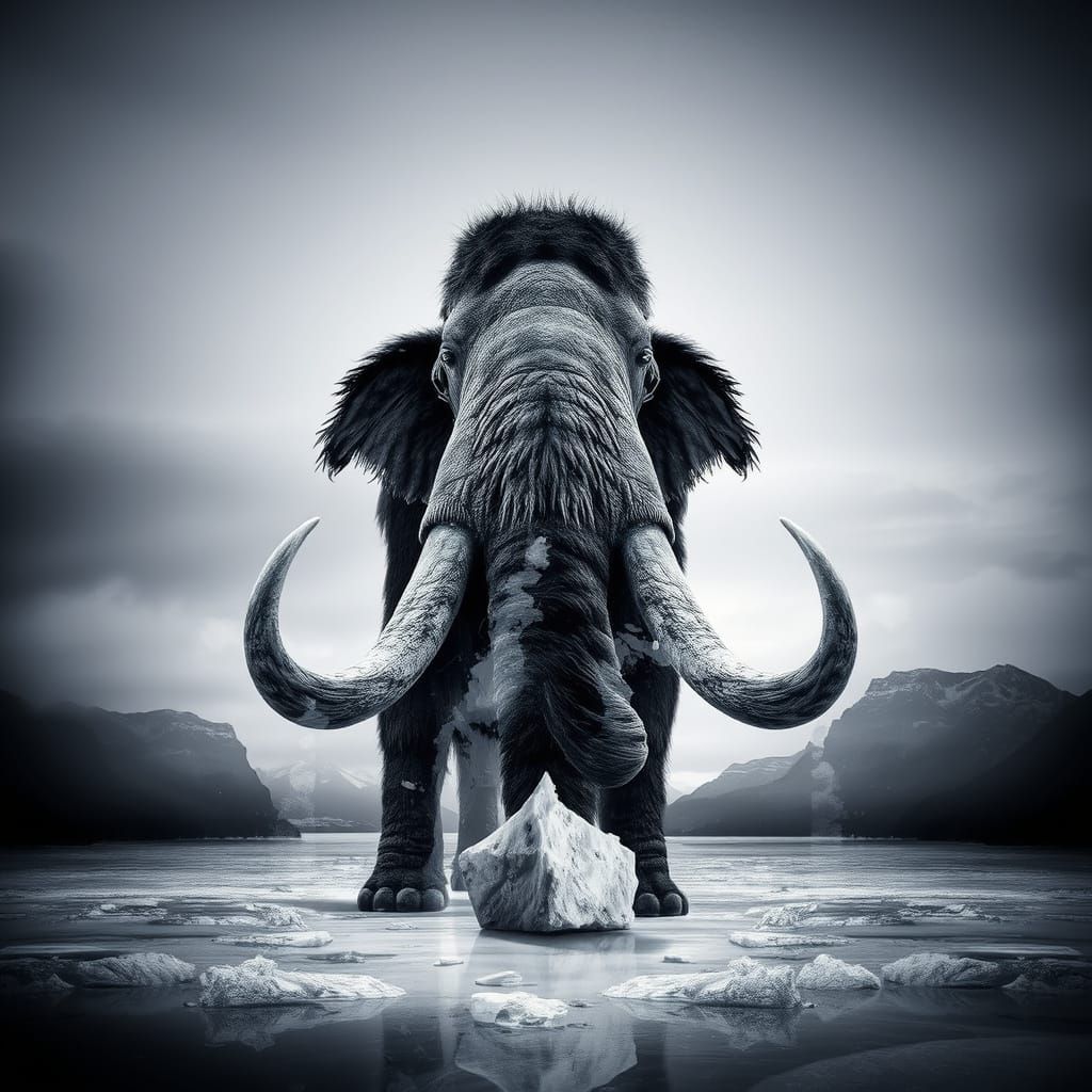 Ancient Mammoth Silhouetted by Iceberg in Hyperdetailed Doub...