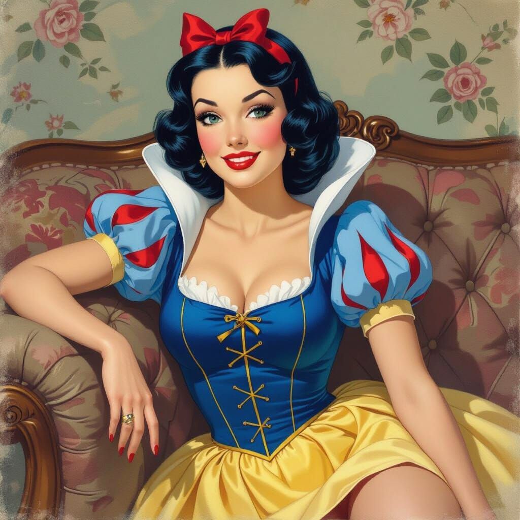 Snow White Pin-Up Girl on Sofa, Watercolor Art