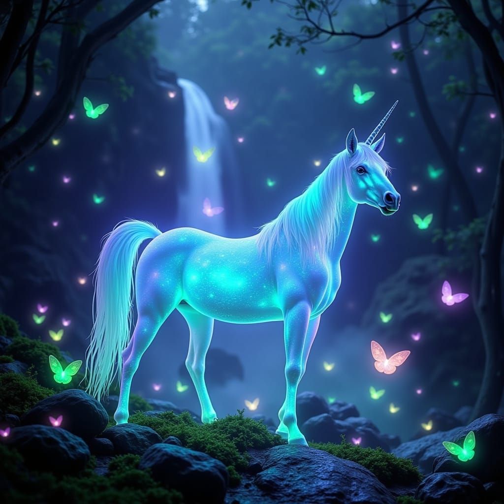 Majestic Unicorn of Light Near Forest Waterfall