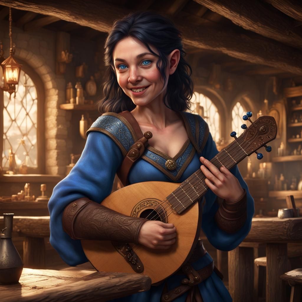 Happy Halfling Bard in a Tavern, Detailed Digital Painting