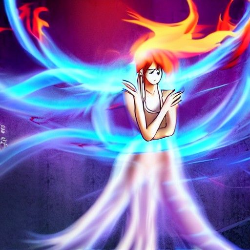 Anime Girl Dancing in Flames: Detailed Matte Painting