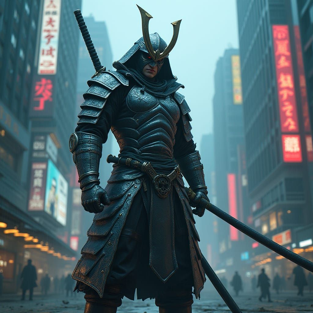 Cyberpunk Samurai Warrior in Neon Cityscape