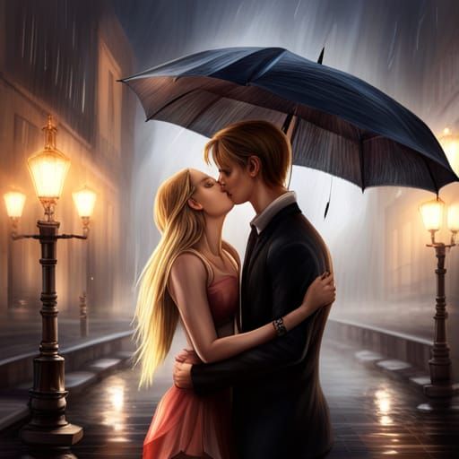 Fantasy Kiss in the Rain: Hyperrealistic Digital Art
