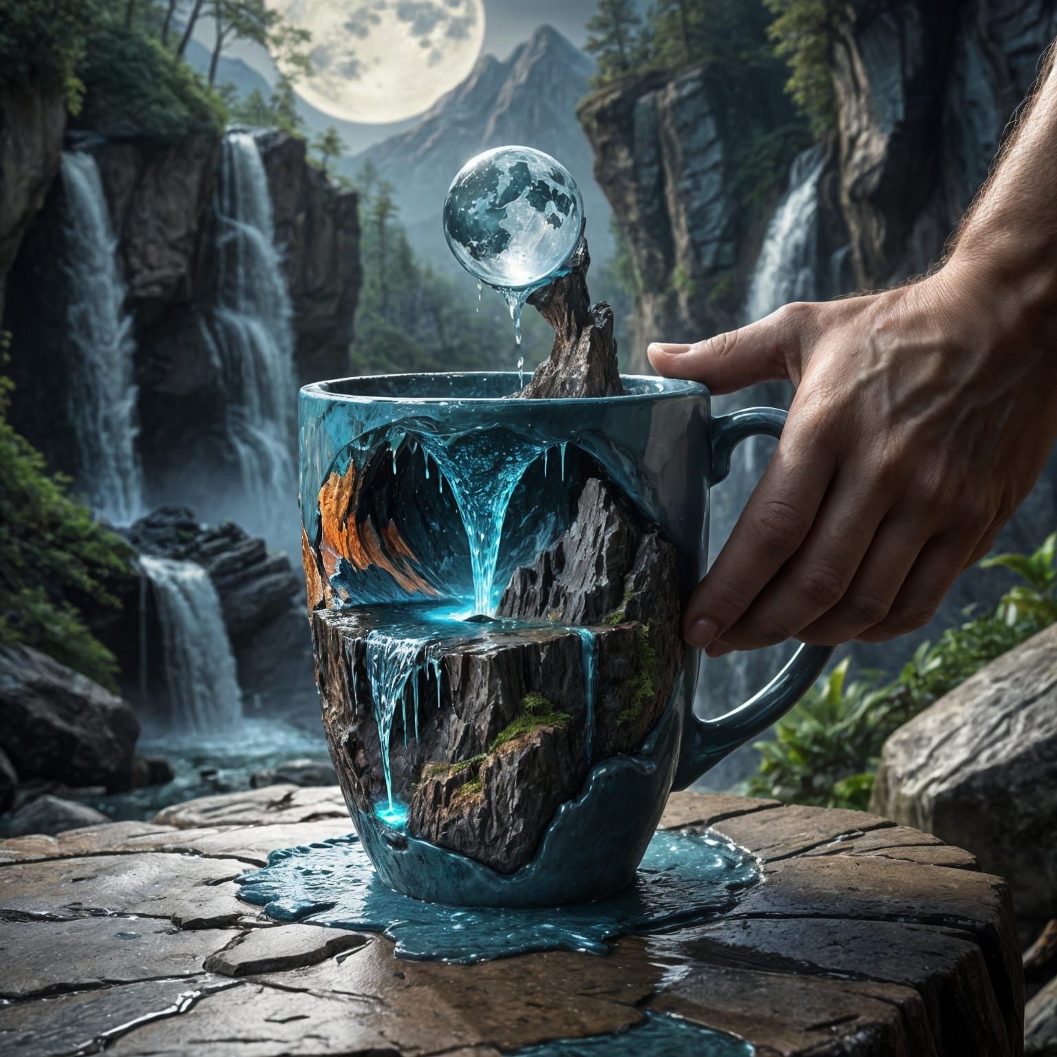 Whimsical Surrealism Piece Depicts a Broken Cup on a Giant's...