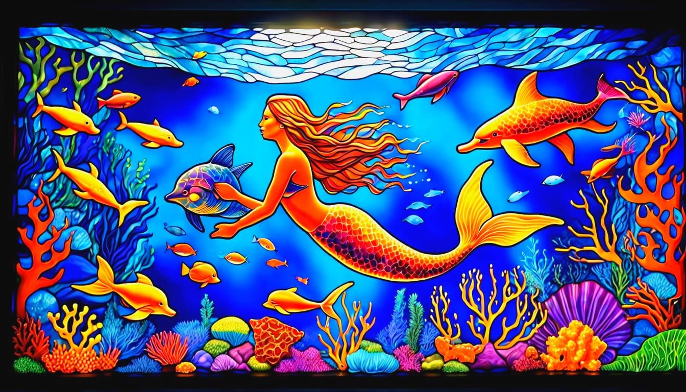 Stunning Stained Glass Mermaids in Vibrant Oceanic Scene