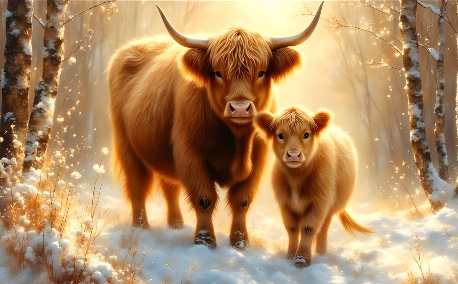 Highland Cattle Mother and Baby in Winter
