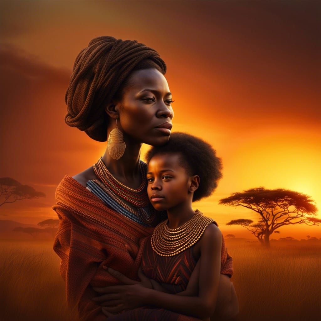 African Mother and Daughter at Serengeti Sunset