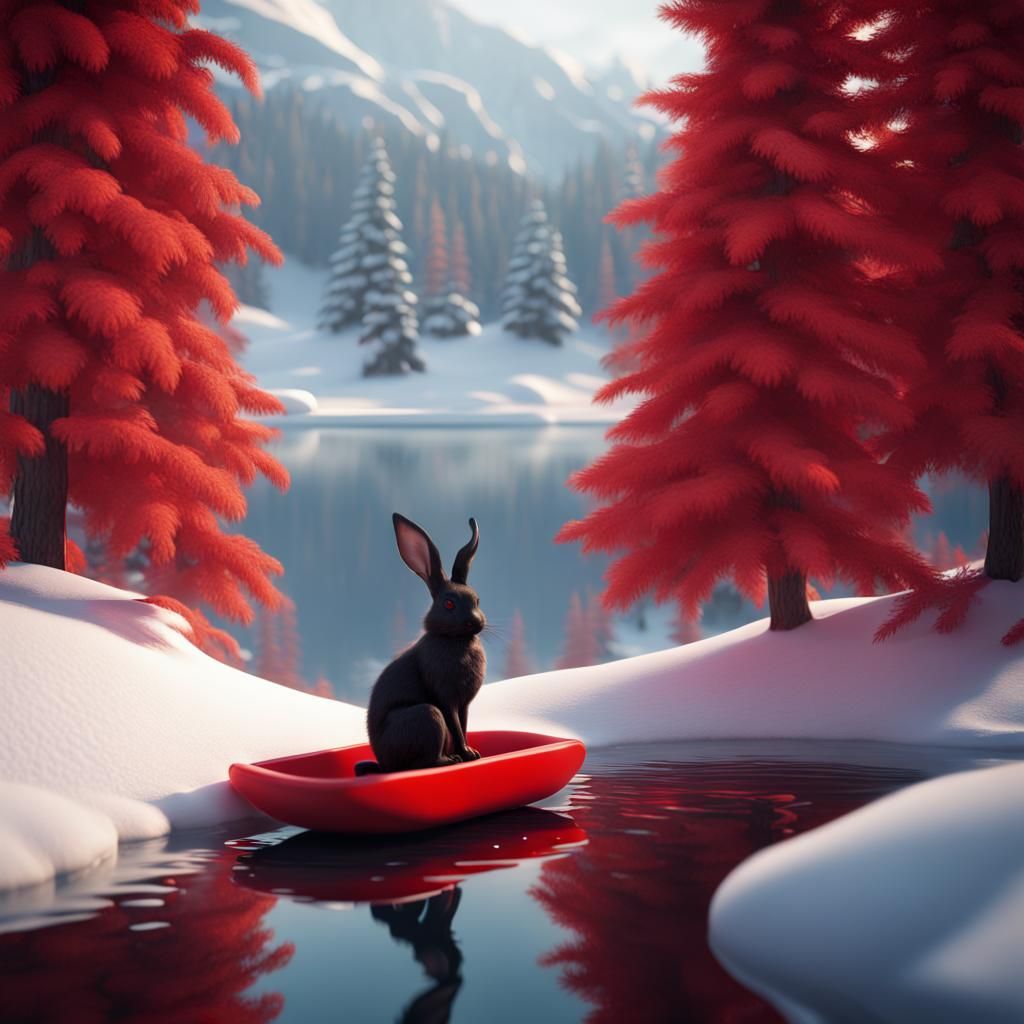 Black Rabbit on Red Sled in Snowy Lake