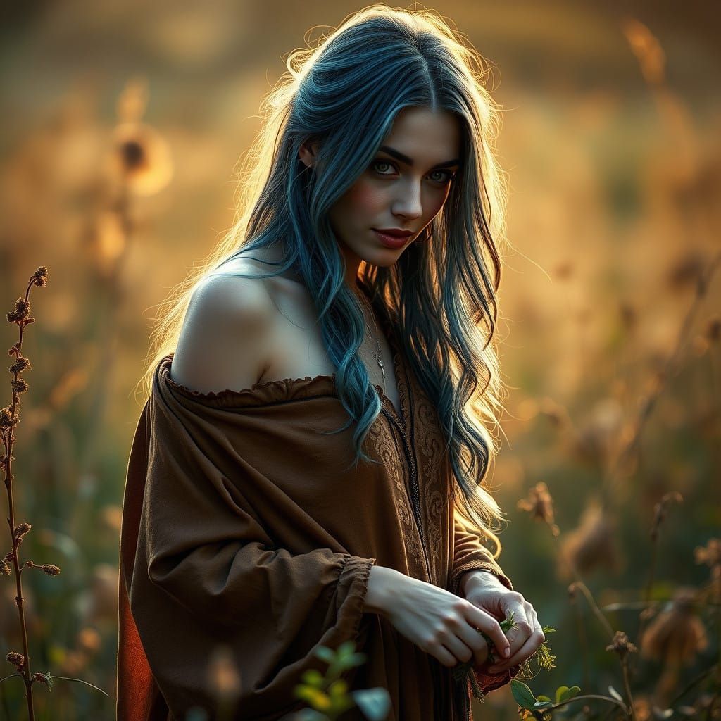 Ethereal Witch in Botanical Robe, Harvesting Herbs in a Myst...