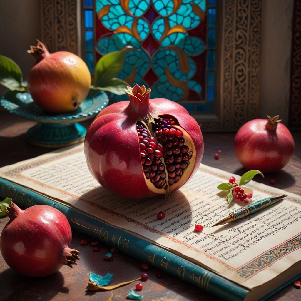 Pomegranate Still Life with Persian Manuscript