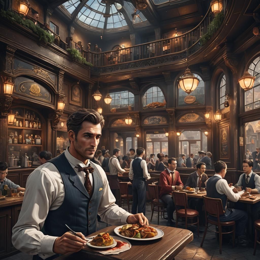Waiter Reveals Restaurant Owner: Detailed Matte Painting