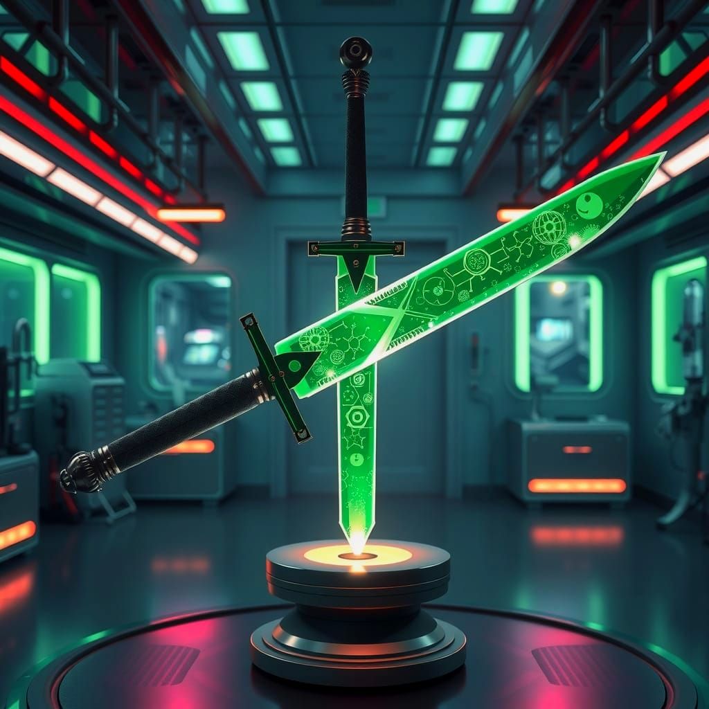 Radiant Green Uranium Sword in Retro-Futuristic Laboratory