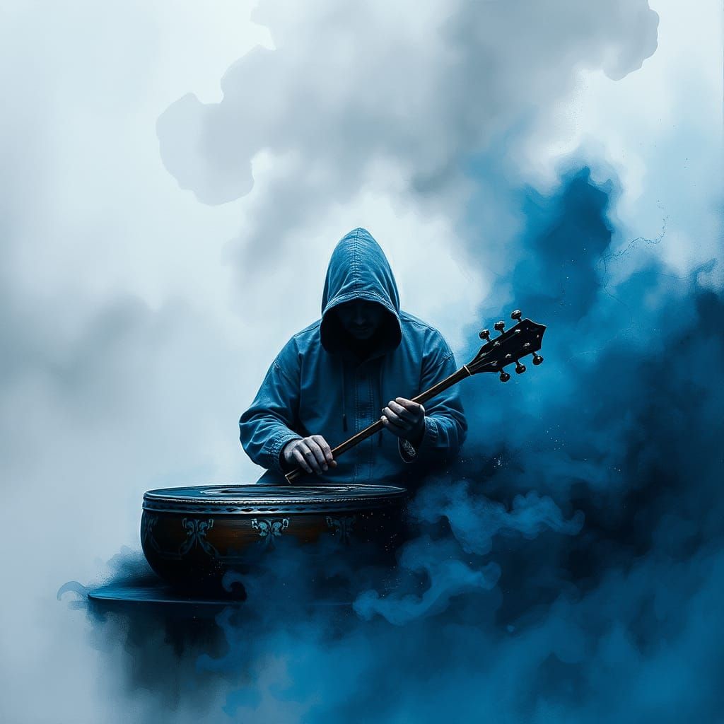 Hooded Man Playing Gamelan in Abstract Ink